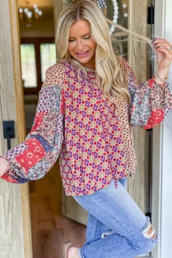Sale Dear-Lover Mixed Floral Printed Long Sleeve Tied V Neck Blouse Orange