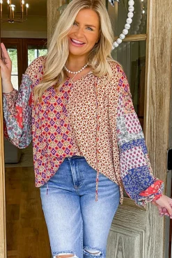 Sale Dear-Lover Mixed Floral Printed Long Sleeve Tied V Neck Blouse Orange