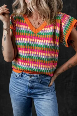 Best Dear-Lover Multi Flutter Sleeve Knitted Sweater Top Orange