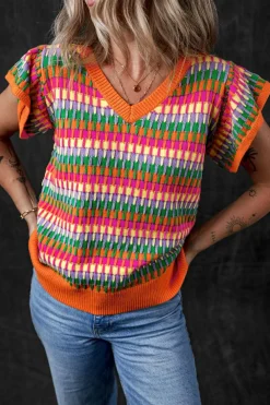 Best Dear-Lover Multi Flutter Sleeve Knitted Sweater Top Orange