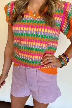 Best Dear-Lover Multi Flutter Sleeve Knitted Sweater Top Orange