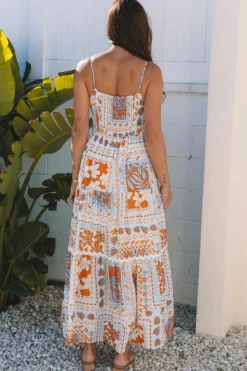Outlet Dear-Lover Multi Printed Ricrac Trim Spaghetti Straps Maxi Dress Orange