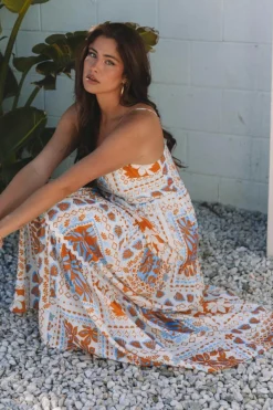 Outlet Dear-Lover Multi Printed Ricrac Trim Spaghetti Straps Maxi Dress Orange