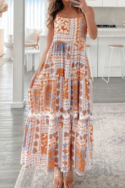 Outlet Dear-Lover Multi Printed Ricrac Trim Spaghetti Straps Maxi Dress Orange