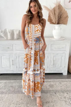 Outlet Dear-Lover Multi Printed Ricrac Trim Spaghetti Straps Maxi Dress Orange