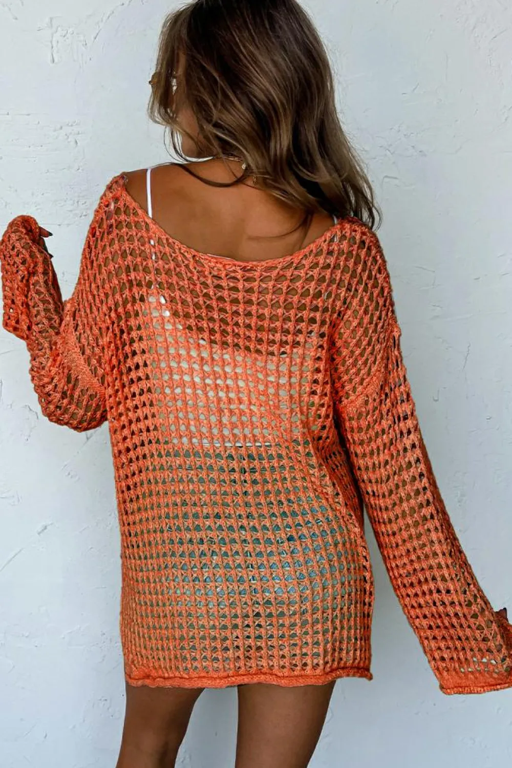 Online Dear-Lover Open Knit Crochet Bell Sleeve Tunic Sweater Orange