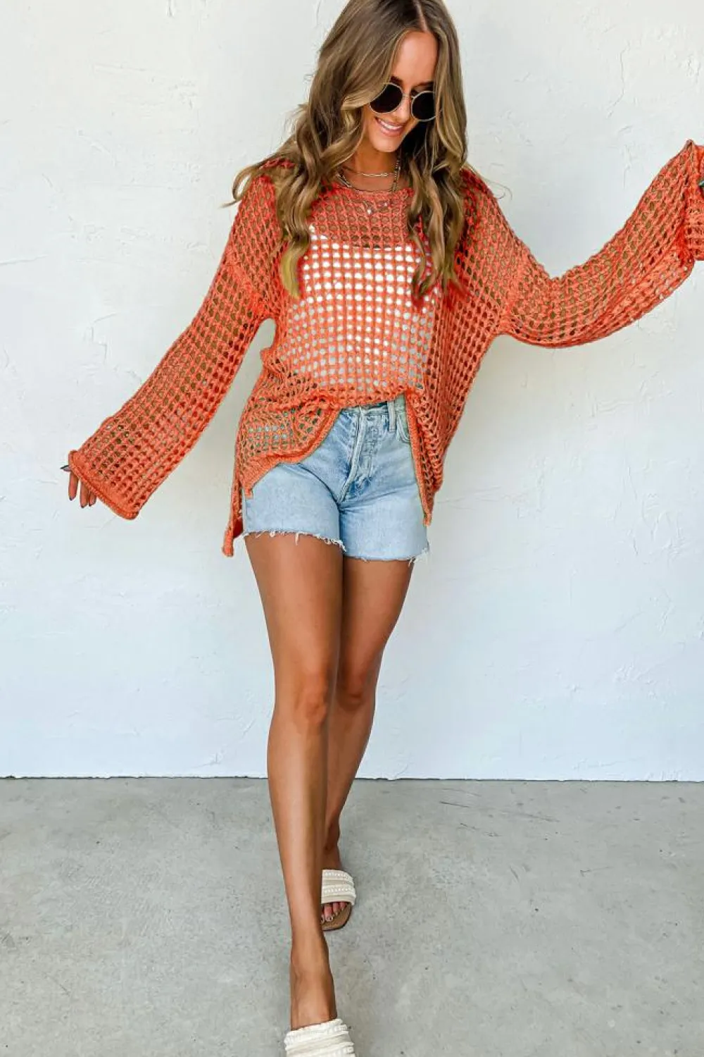 Online Dear-Lover Open Knit Crochet Bell Sleeve Tunic Sweater Orange