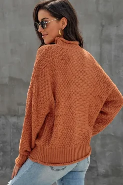 Fashion Dear-Lover Oversized Chunky Batwing Long Sleeve Turtleneck Sweater Orange