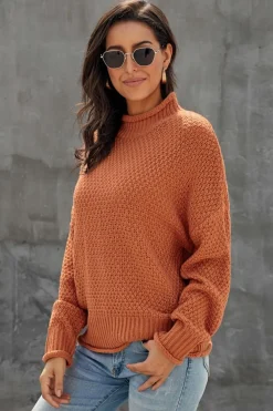 Fashion Dear-Lover Oversized Chunky Batwing Long Sleeve Turtleneck Sweater Orange