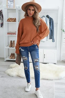 Fashion Dear-Lover Oversized Chunky Batwing Long Sleeve Turtleneck Sweater Orange
