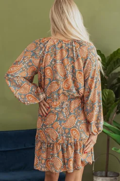 New Dear-Lover Paisley Print Loose Fit Drawstring High Waist Mini Dress Orange