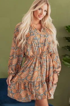 New Dear-Lover Paisley Print Loose Fit Drawstring High Waist Mini Dress Orange