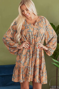 New Dear-Lover Paisley Print Loose Fit Drawstring High Waist Mini Dress Orange