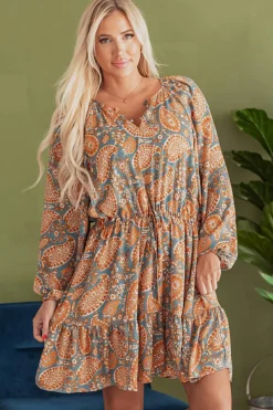 New Dear-Lover Paisley Print Loose Fit Drawstring High Waist Mini Dress Orange