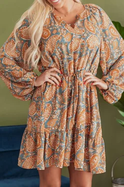 New Dear-Lover Paisley Print Loose Fit Drawstring High Waist Mini Dress Orange