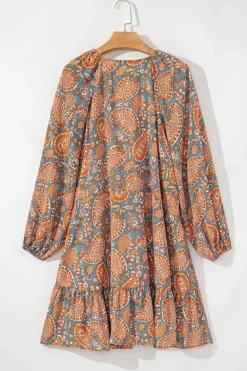 New Dear-Lover Paisley Print Loose Fit Drawstring High Waist Mini Dress Orange