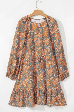 New Dear-Lover Paisley Print Loose Fit Drawstring High Waist Mini Dress Orange