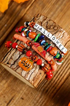Fashion Dear-Lover 4pcs Halloween Pumpkin Bat Spider Bracelet Set Orange