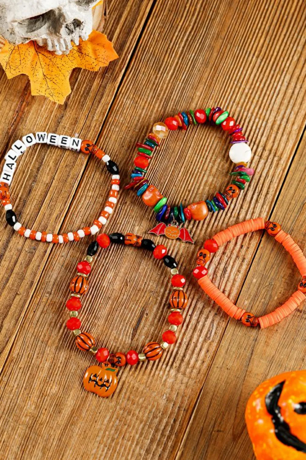 Fashion Dear-Lover 4pcs Halloween Pumpkin Bat Spider Bracelet Set Orange