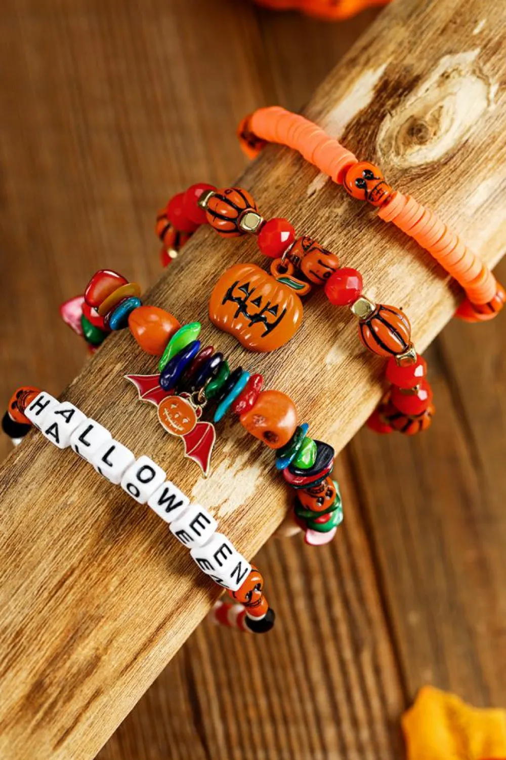 Fashion Dear-Lover 4pcs Halloween Pumpkin Bat Spider Bracelet Set Orange