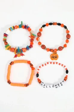 Fashion Dear-Lover 4pcs Halloween Pumpkin Bat Spider Bracelet Set Orange
