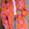 Clearance Dear-Lover Plaid Chest Pockets Button-up Turn Down Collar Jacket Orange