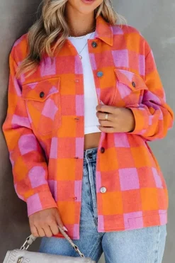 Clearance Dear-Lover Plaid Chest Pockets Button-up Turn Down Collar Jacket Orange
