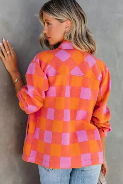 Clearance Dear-Lover Plaid Chest Pockets Button-up Turn Down Collar Jacket Orange