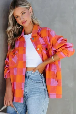 Clearance Dear-Lover Plaid Chest Pockets Button-up Turn Down Collar Jacket Orange