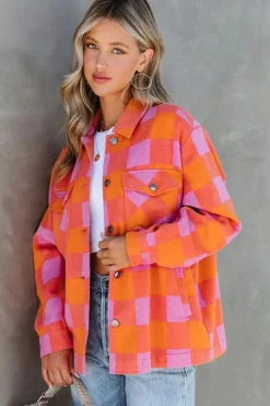 Clearance Dear-Lover Plaid Chest Pockets Button-up Turn Down Collar Jacket Orange