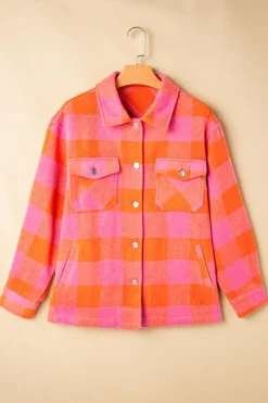 Clearance Dear-Lover Plaid Chest Pockets Button-up Turn Down Collar Jacket Orange