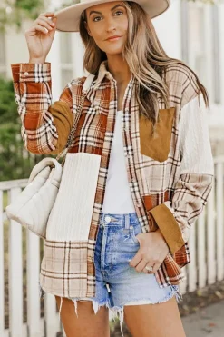 Sale Dear-Lover Plaid Color Block Patchwork Shirt Jacket with Pocket Orange
