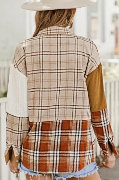 Sale Dear-Lover Plaid Color Block Patchwork Shirt Jacket with Pocket Orange