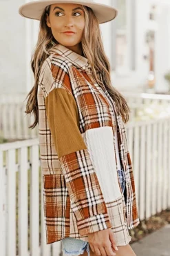Sale Dear-Lover Plaid Color Block Patchwork Shirt Jacket with Pocket Orange
