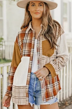 Sale Dear-Lover Plaid Color Block Patchwork Shirt Jacket with Pocket Orange