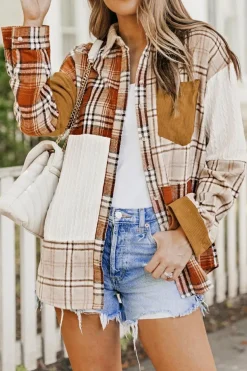 Sale Dear-Lover Plaid Color Block Patchwork Shirt Jacket with Pocket Orange