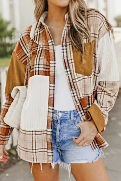 Sale Dear-Lover Plaid Color Block Patchwork Shirt Jacket with Pocket Orange