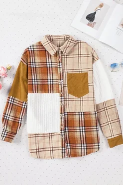 Sale Dear-Lover Plaid Color Block Patchwork Shirt Jacket with Pocket Orange