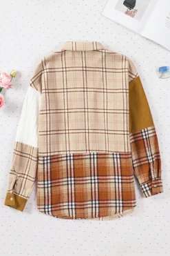 Sale Dear-Lover Plaid Color Block Patchwork Shirt Jacket with Pocket Orange