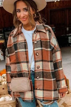 Clearance Dear-Lover Plaid Print Buttoned Shirt Jacket Orange
