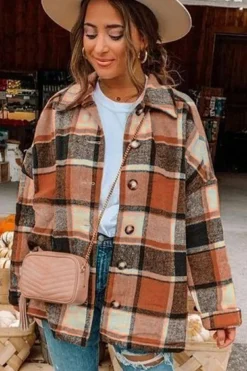 Clearance Dear-Lover Plaid Print Buttoned Shirt Jacket Orange