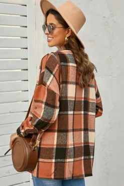 Clearance Dear-Lover Plaid Print Buttoned Shirt Jacket Orange
