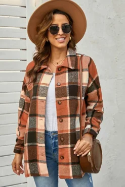 Clearance Dear-Lover Plaid Print Buttoned Shirt Jacket Orange