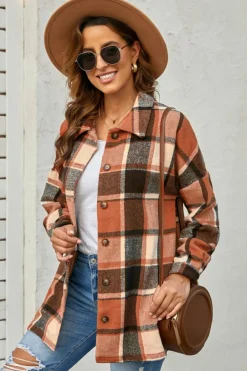 Clearance Dear-Lover Plaid Print Buttoned Shirt Jacket Orange
