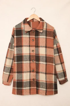 Clearance Dear-Lover Plaid Print Buttoned Shirt Jacket Orange
