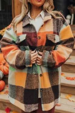 Sale Dear-Lover Plaid Print Flap Pocket Long Jacket Orange