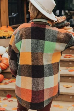 Sale Dear-Lover Plaid Print Flap Pocket Long Jacket Orange