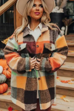 Sale Dear-Lover Plaid Print Flap Pocket Long Jacket Orange