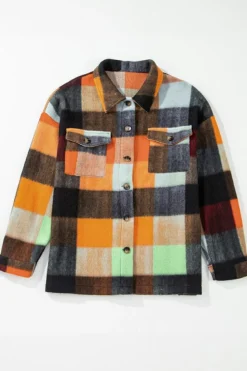 Sale Dear-Lover Plaid Print Flap Pocket Long Jacket Orange