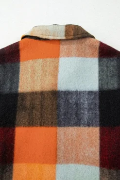 Sale Dear-Lover Plaid Print Flap Pocket Long Jacket Orange